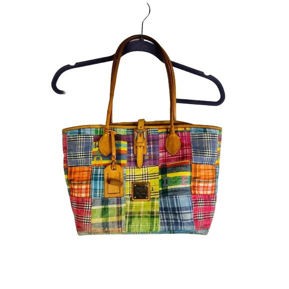 Vintage Y2K Dooney & Bourke Rainbow Madras Plaid Patchwork Tote Purse Handbag - Picture 1 of 13